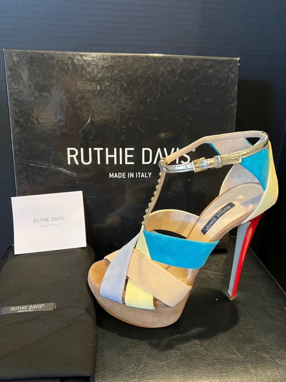Ruthie Davis Summit Multicolor Suede T-Strap Platform Sandal with Red Heel